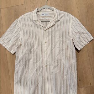 Zara Beige Striped Casual Button Down Shirt